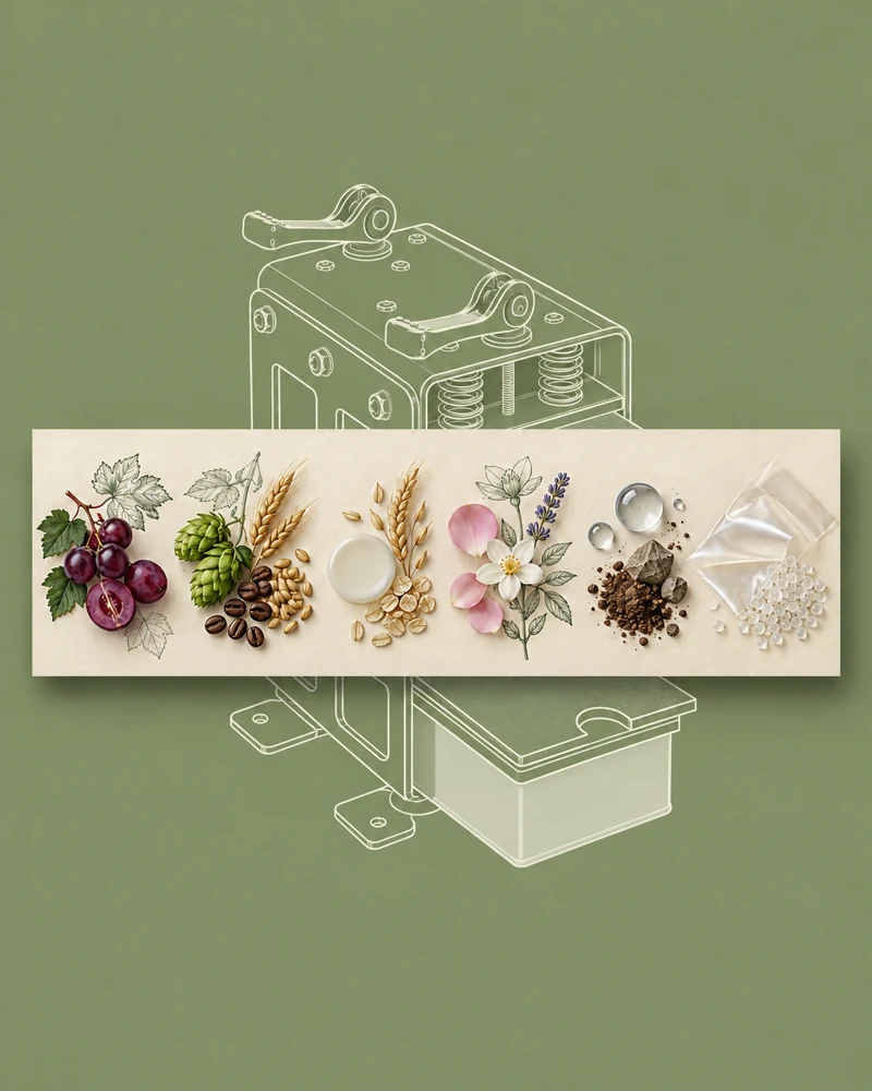 Editorial illustration of grapes, grain, milk, flowers, stones and water above a line drawing of a sample tray, with a centered color detail