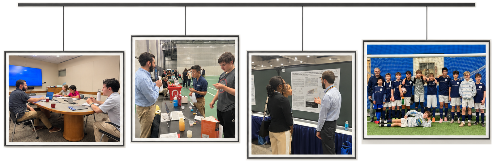 Four framed photographs hanging from a rail, showing learning and community moments