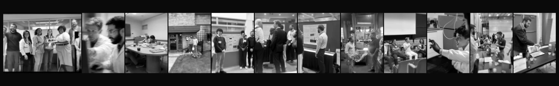 Black-and-white panoramic photo sequence of Quantera team members at work and events