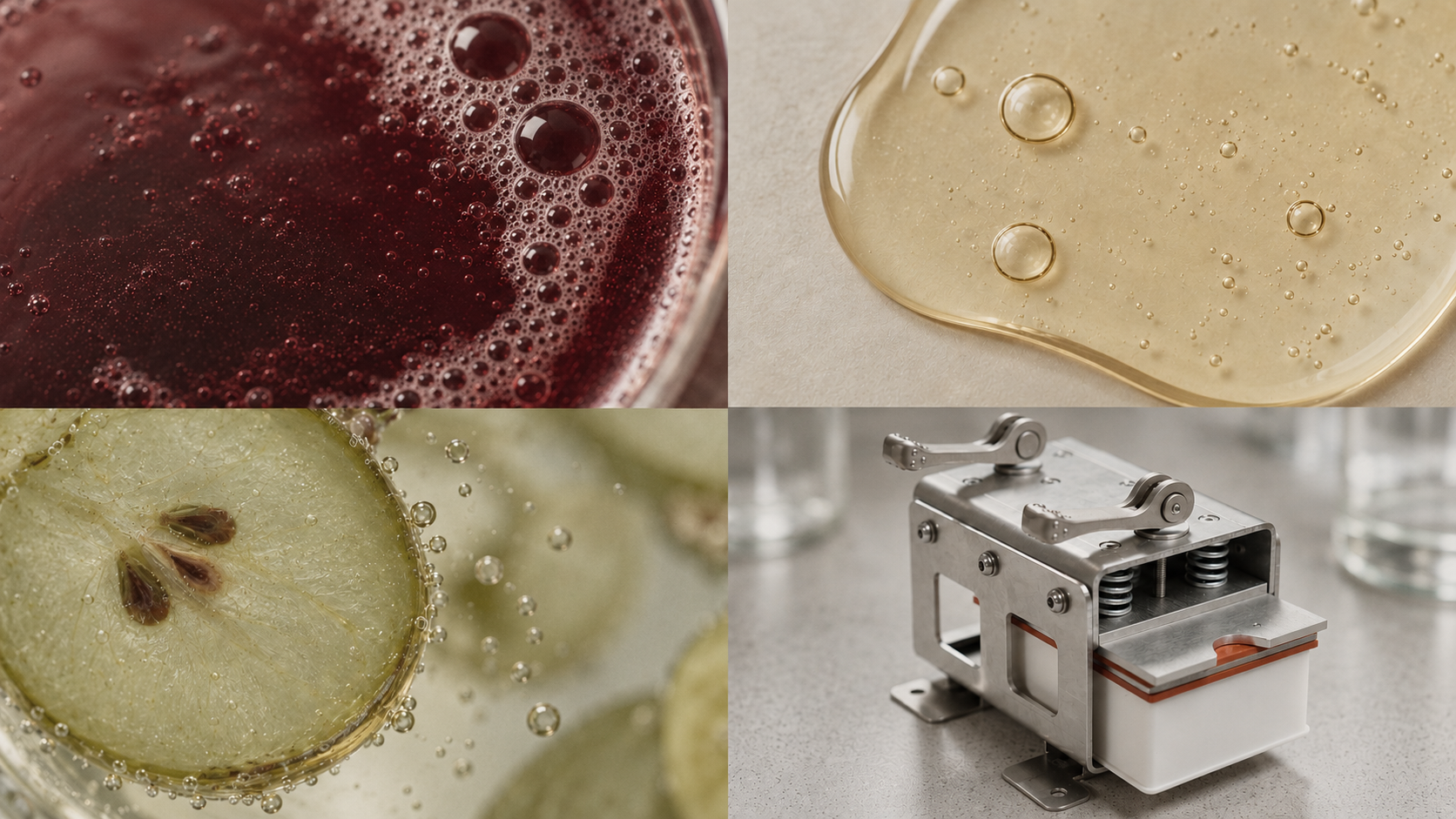 Four studies: red liquid, golden droplets, a grape, and a metal analytical device