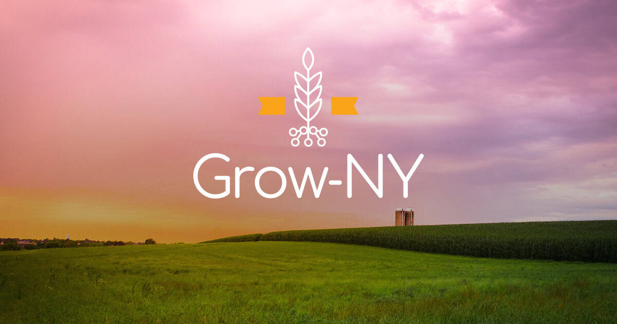 Grow-NY logo over a farm field at sunset.
