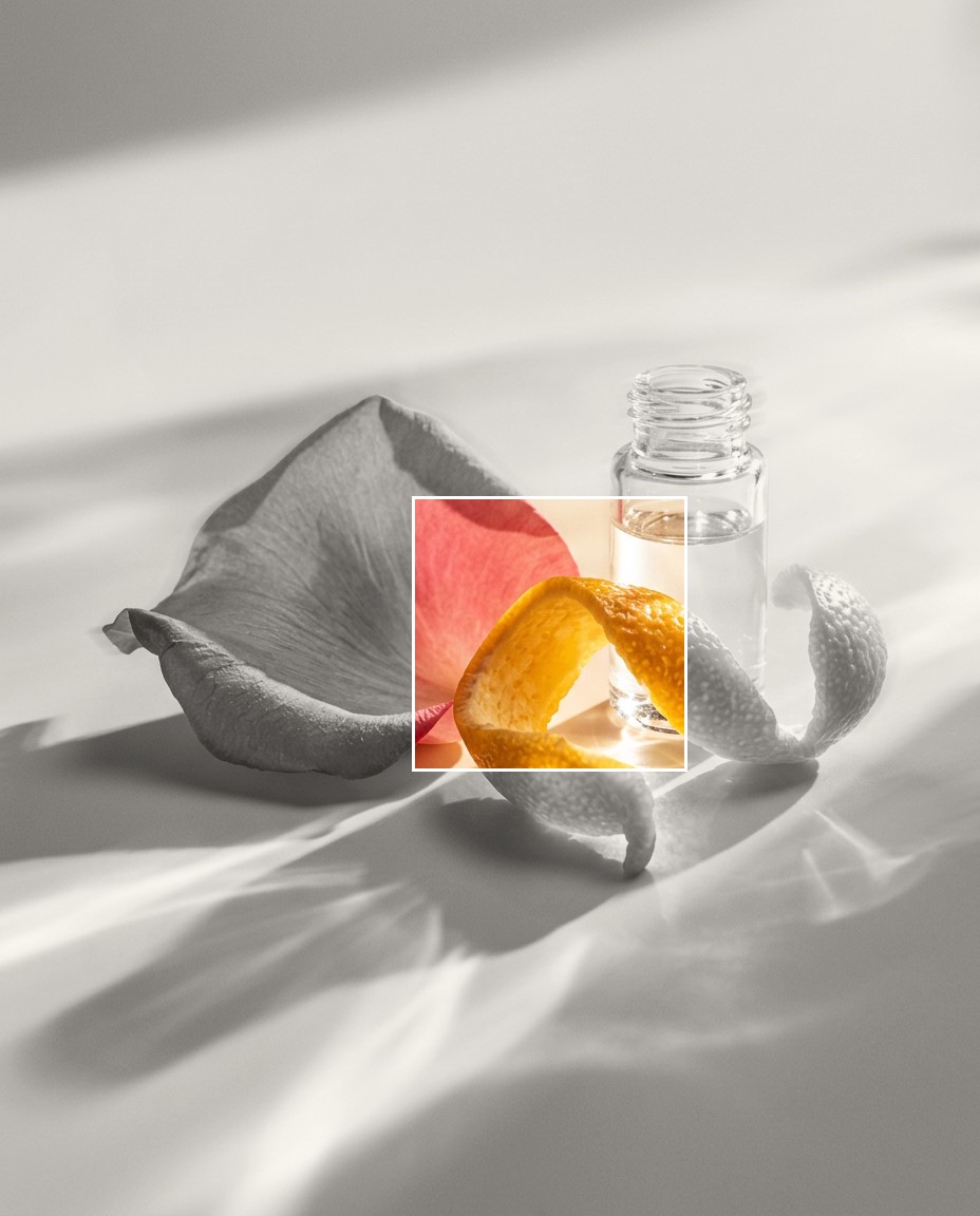 Conceptual editorial image: a rose petal with citrus peel